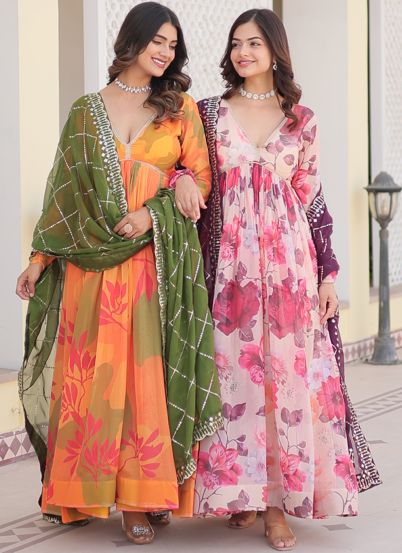Memorable Digital Printed Silk Off White Anarkali Gown With Dupatta