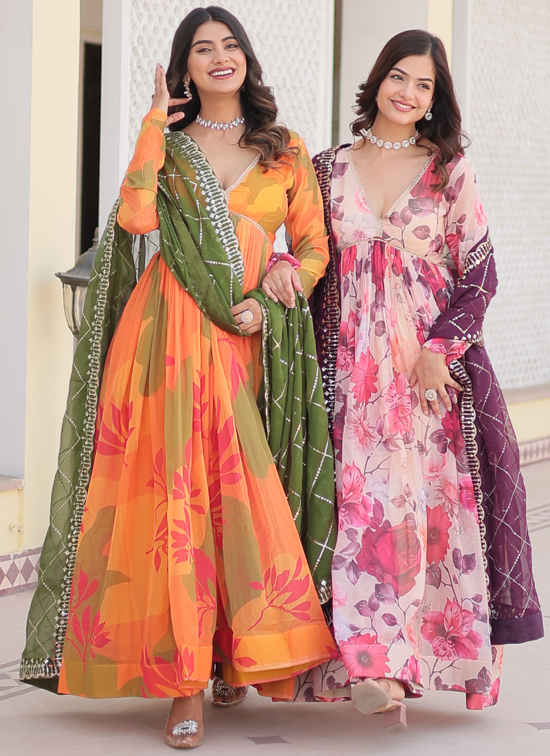 Memorable Digital Printed Silk Off White Anarkali Gown With Dupatta