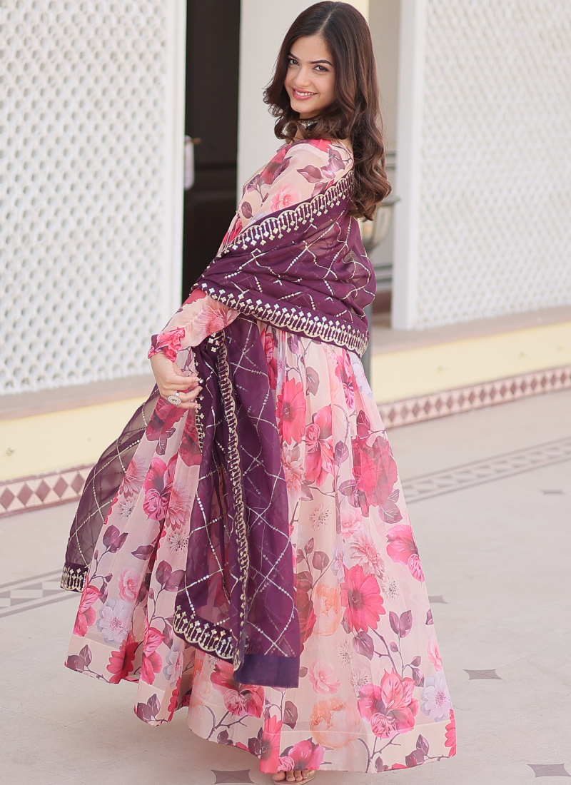 Memorable Digital Printed Silk Off White Anarkali Gown With Dupatta