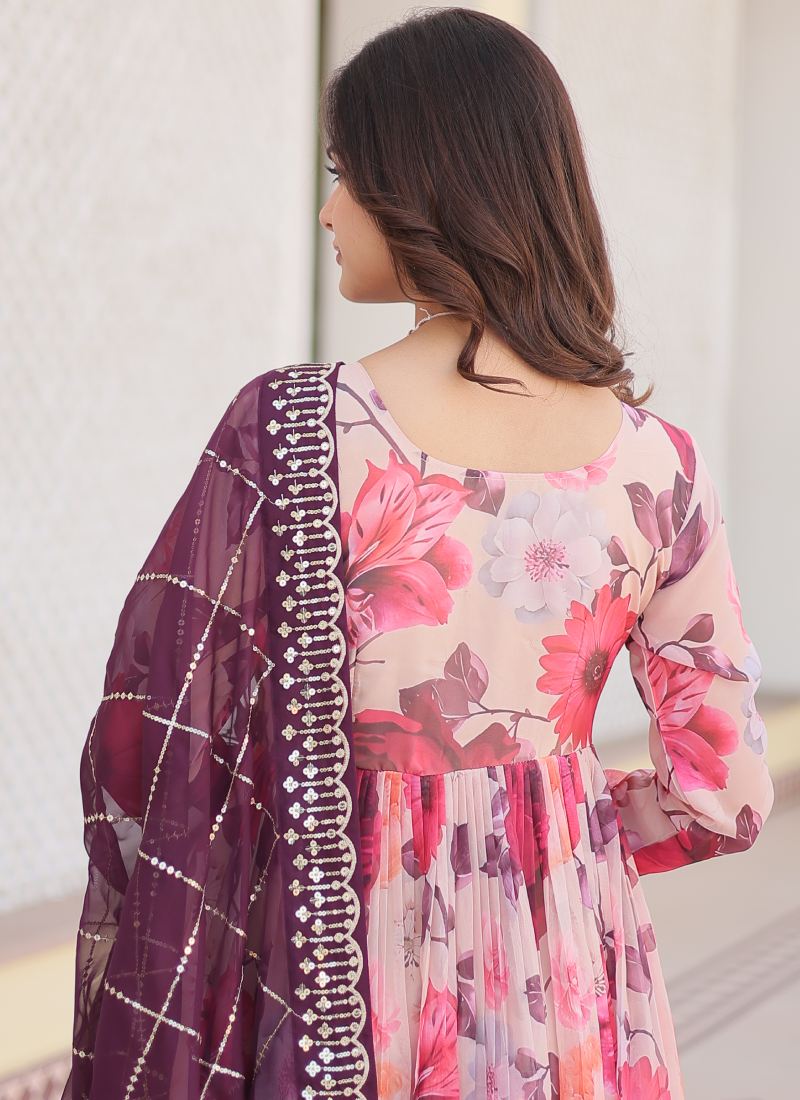 Memorable Digital Printed Silk Off White Anarkali Gown With Dupatta