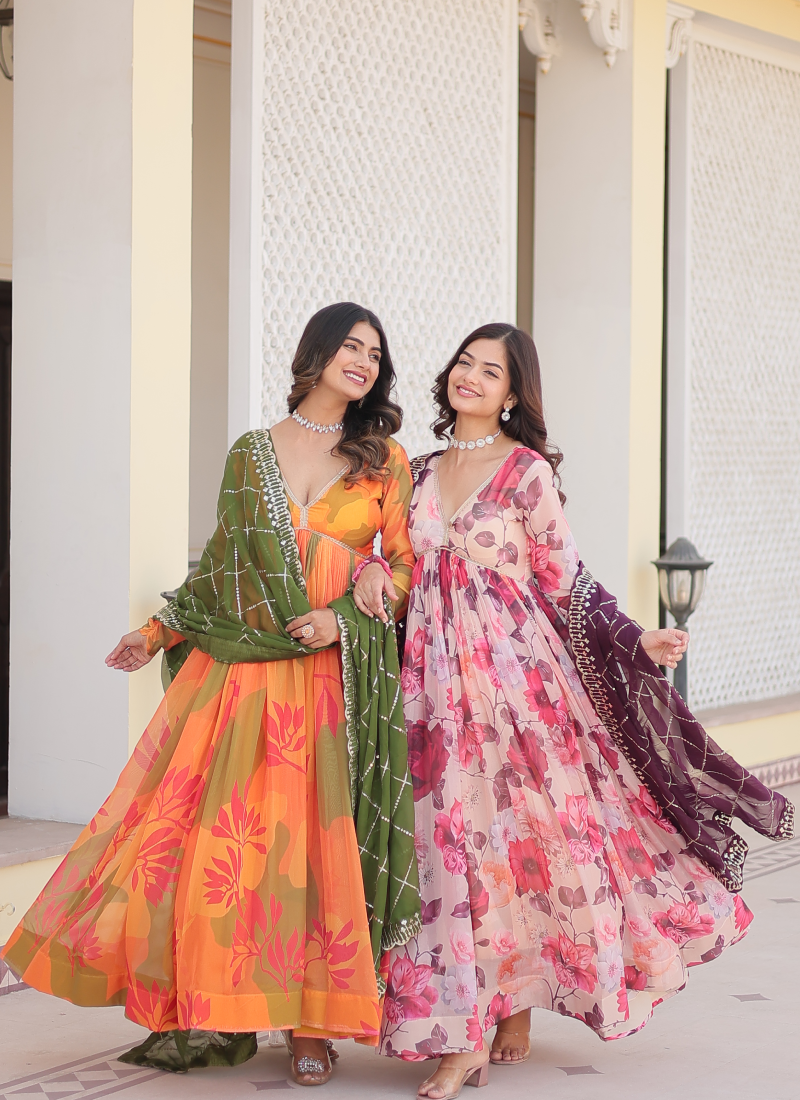 Memorable Digital Printed Silk Off White Anarkali Gown With Dupatta