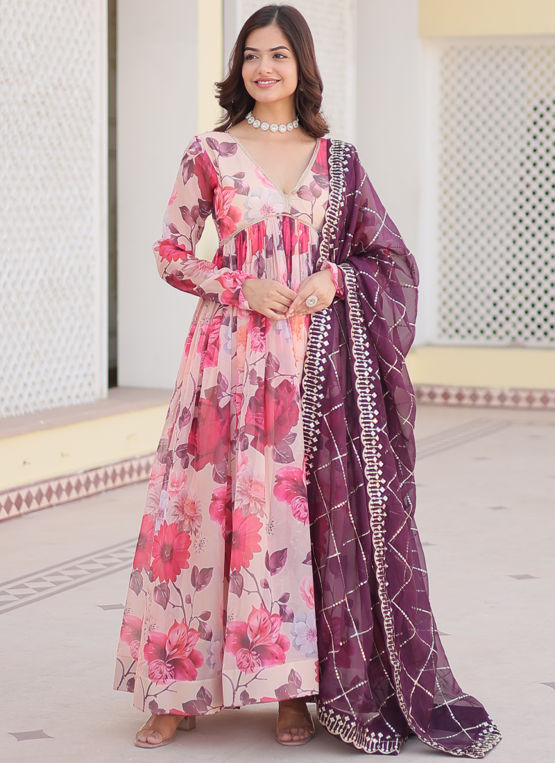 Memorable Digital Printed Silk Off White Anarkali Gown With Dupatta