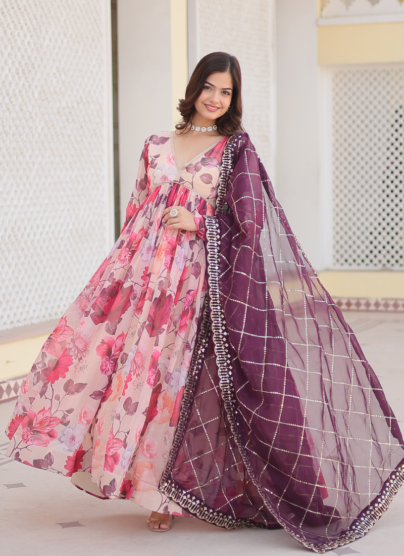 Memorable Digital Printed Silk Off White Anarkali Gown With Dupatta