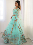 Memorable Floral Thread Embroidered Net Turquoise Blue Lehenga Choli
