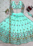 Memorable Floral Thread Embroidered Net Turquoise Blue Lehenga Choli