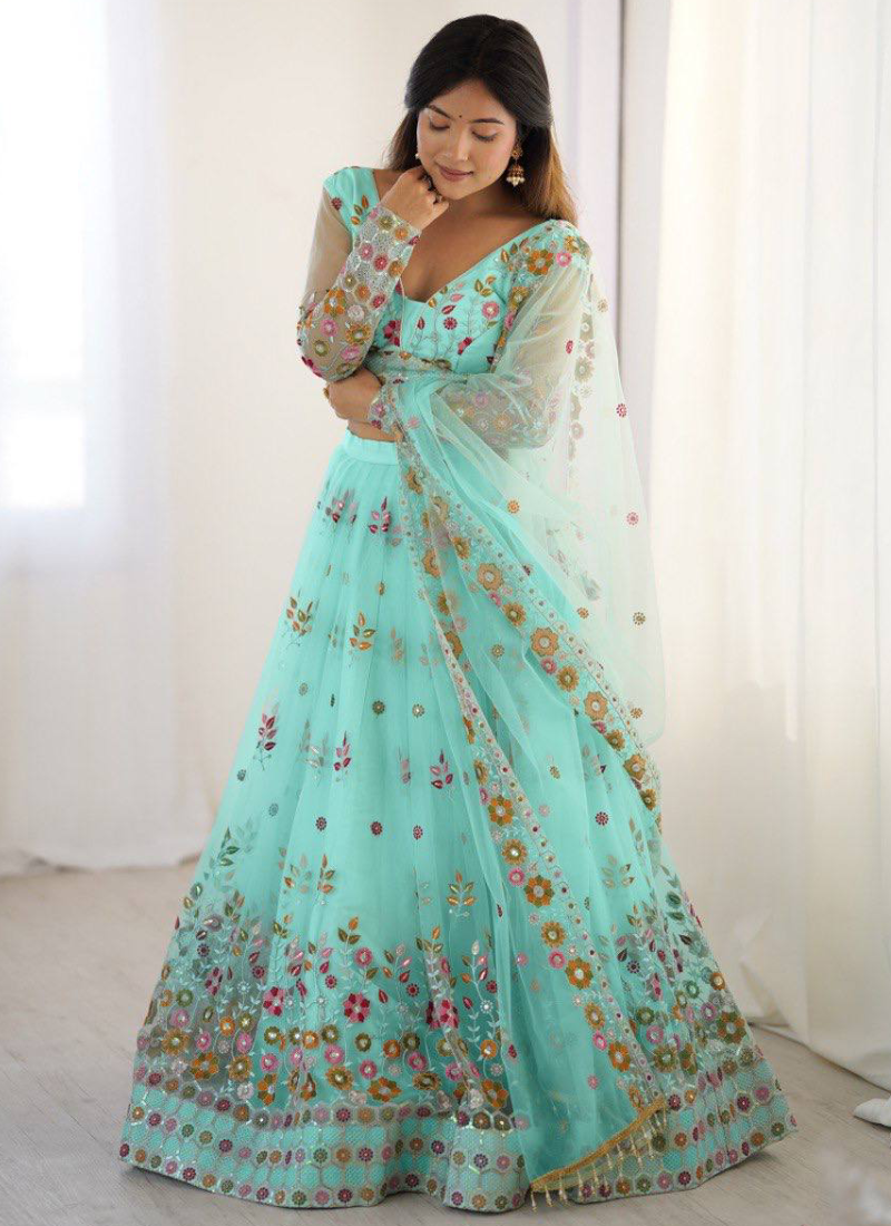 Memorable Floral Thread Embroidered Net Turquoise Blue Lehenga Choli