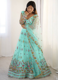 Memorable Floral Thread Embroidered Net Turquoise Blue Lehenga Choli