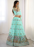 Memorable Floral Thread Embroidered Net Turquoise Blue Lehenga Choli