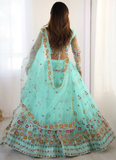 Memorable Floral Thread Embroidered Net Turquoise Blue Lehenga Choli