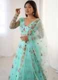 Memorable Floral Thread Embroidered Net Turquoise Blue Lehenga Choli