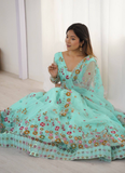 Memorable Floral Thread Embroidered Net Turquoise Blue Lehenga Choli