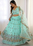 Memorable Floral Thread Embroidered Net Turquoise Blue Lehenga Choli