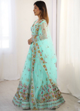Memorable Floral Thread Embroidered Net Turquoise Blue Lehenga Choli