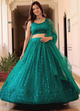 Memorable Soft Net Teal Green Sequence Embroidered Lehenga Choli Set