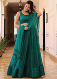 Memorable Soft Net Teal Green Sequence Embroidered Lehenga Choli Set
