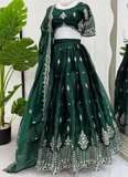 Memorable Thread Embroidery Jimmy Choo Dark Green Lehenga Choli