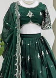 Memorable Thread Embroidery Jimmy Choo Dark Green Lehenga Choli