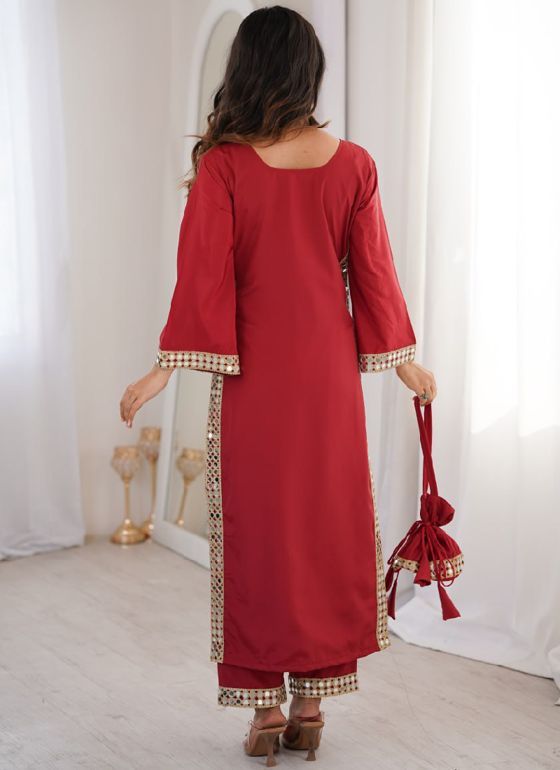 Mesmerizing Crepe Silk Maroon Real Mirror Lace Border Kurta Set