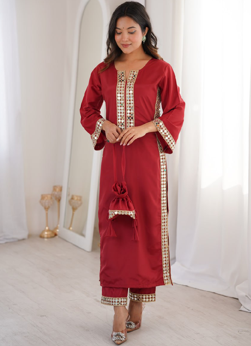 Mesmerizing Crepe Silk Maroon Real Mirror Lace Border Kurta Set