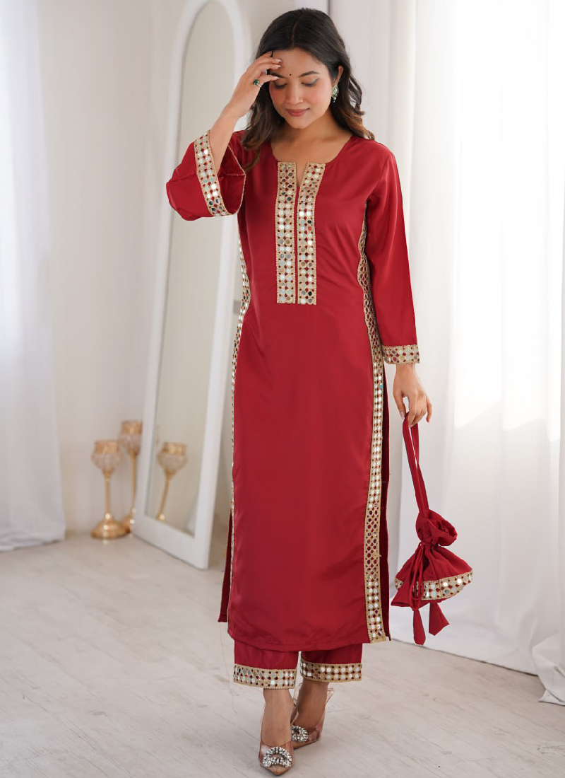 Mesmerizing Crepe Silk Maroon Real Mirror Lace Border Kurta Set