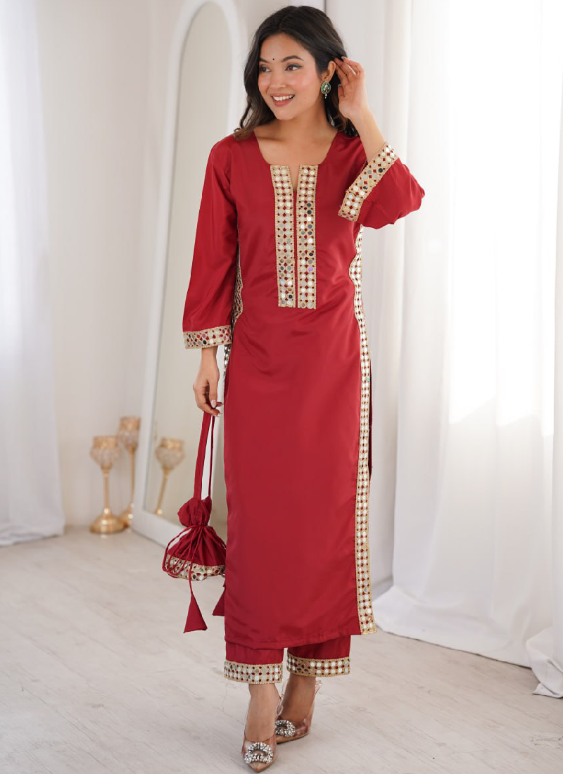 Mesmerizing Crepe Silk Maroon Real Mirror Lace Border Kurta Set