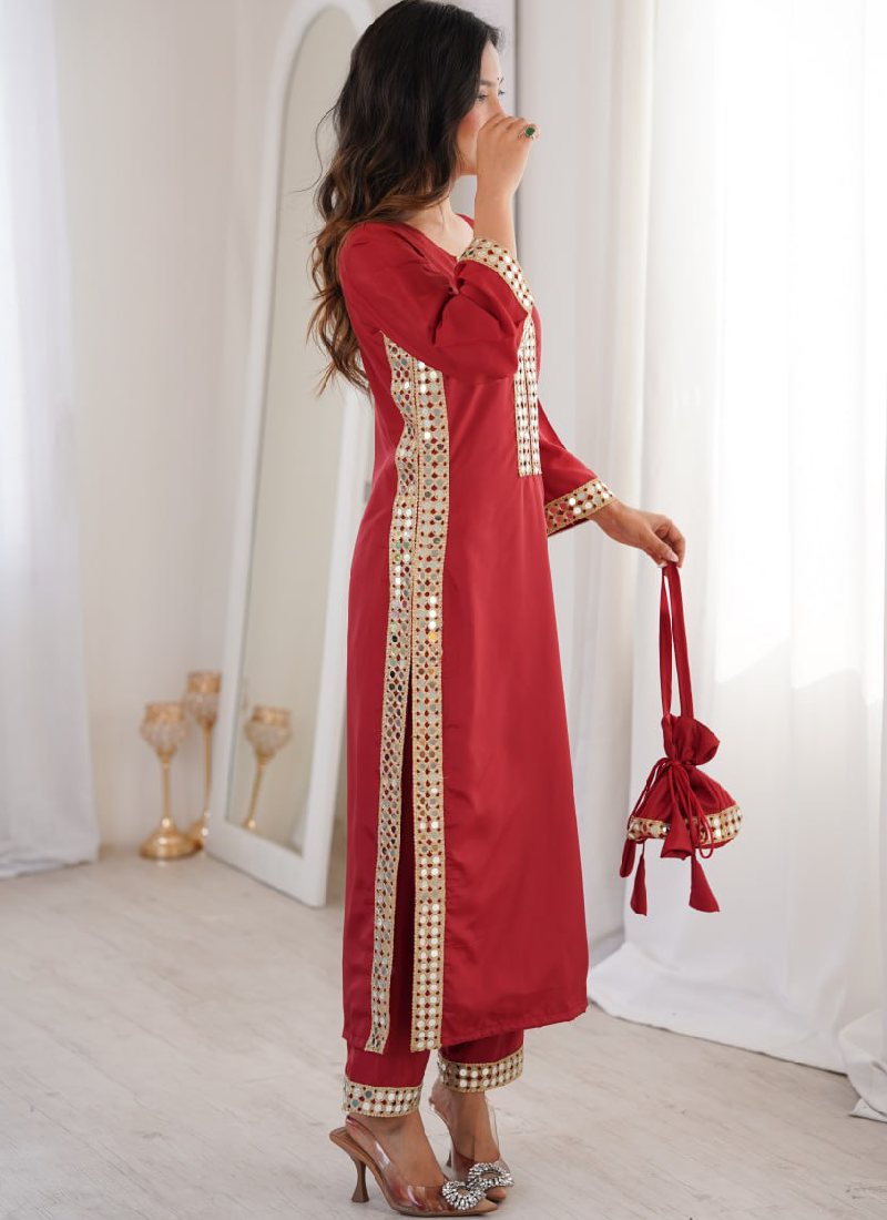 Mesmerizing Crepe Silk Maroon Real Mirror Lace Border Kurta Set