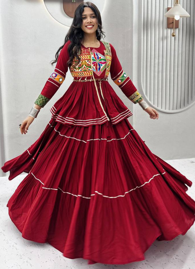 Mesmerizing Maroon Cotton Gamthi Work Lehenga Koti Set For Navratri
