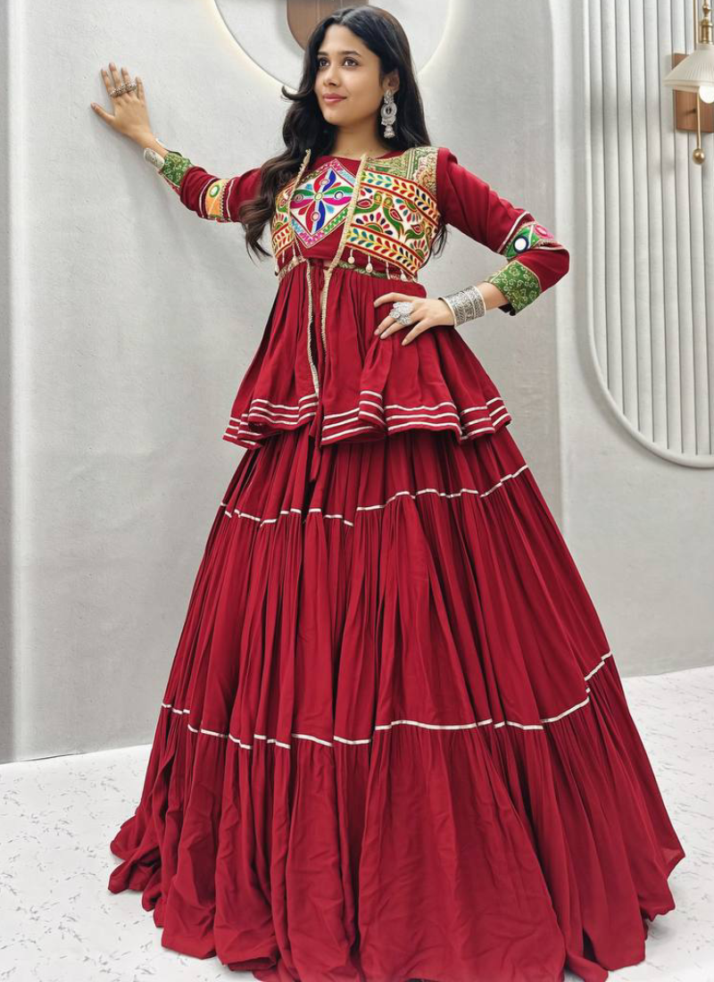 Mesmerizing Maroon Cotton Gamthi Work Lehenga Koti Set For Navratri