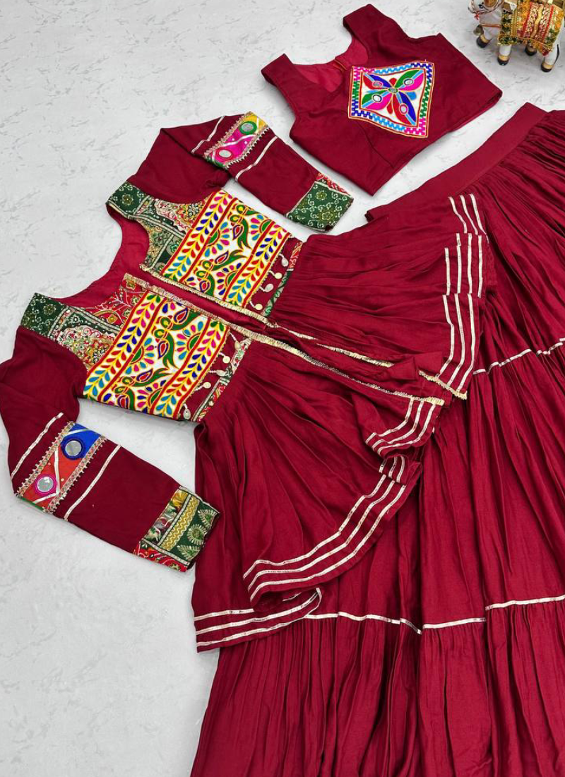 Mesmerizing Maroon Cotton Gamthi Work Lehenga Koti Set For Navratri
