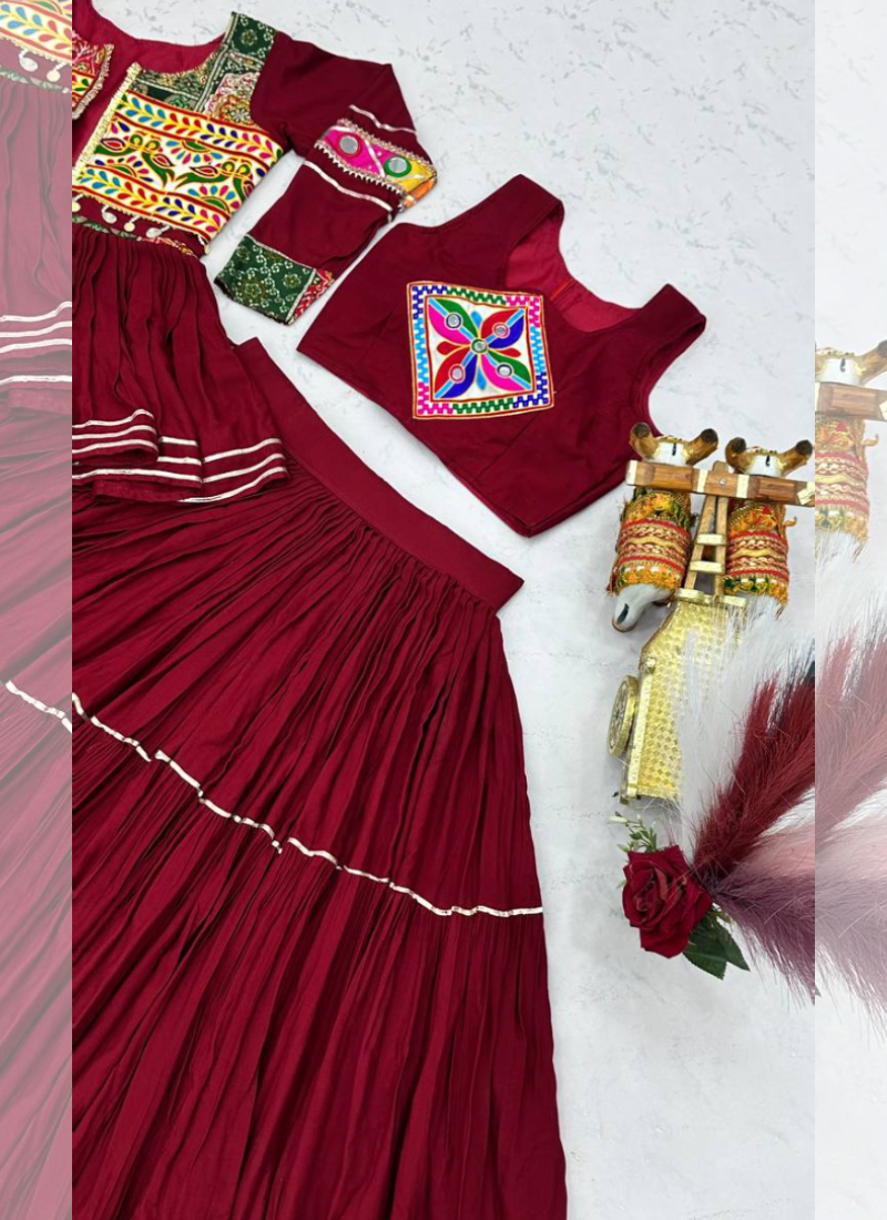 Mesmerizing Maroon Cotton Gamthi Work Lehenga Koti Set For Navratri