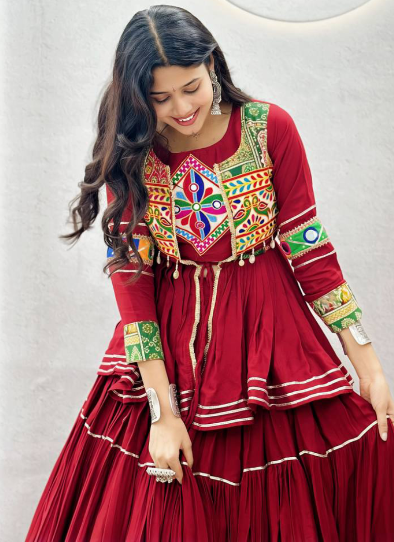 Mesmerizing Maroon Cotton Gamthi Work Lehenga Koti Set For Navratri