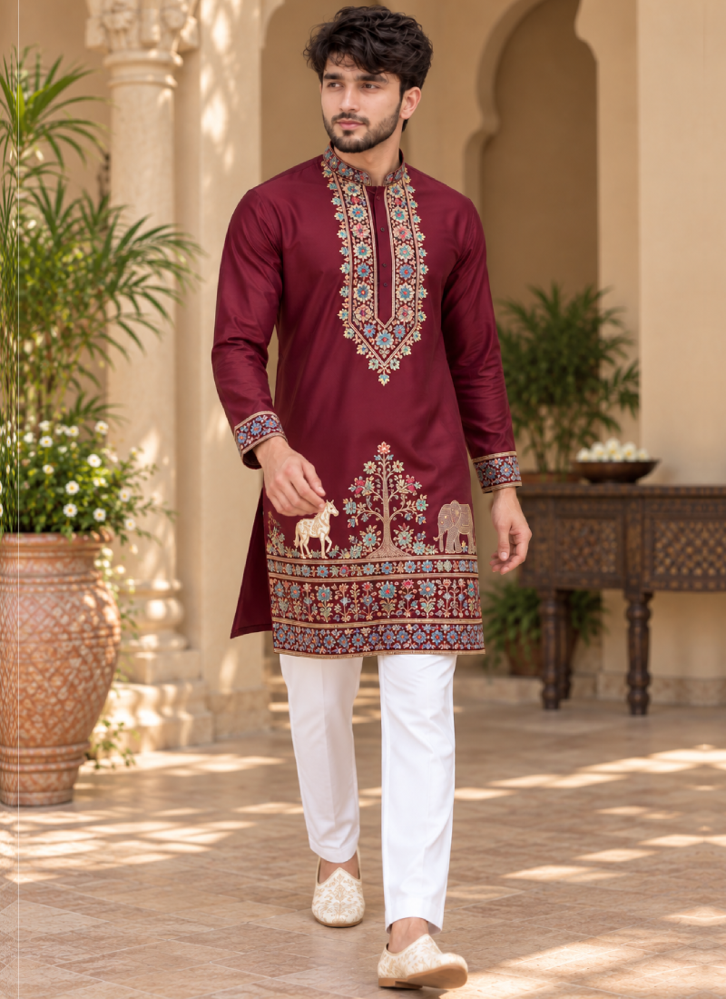 Mesmerizing Maroon Multi Thread Embroidered Silk Men's Kurta Pant Set