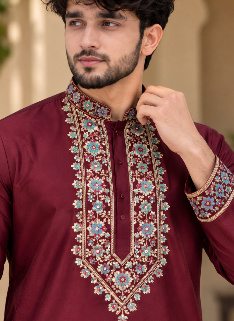 Mesmerizing Maroon Multi Thread Embroidered Silk Men's Kurta Pant Set