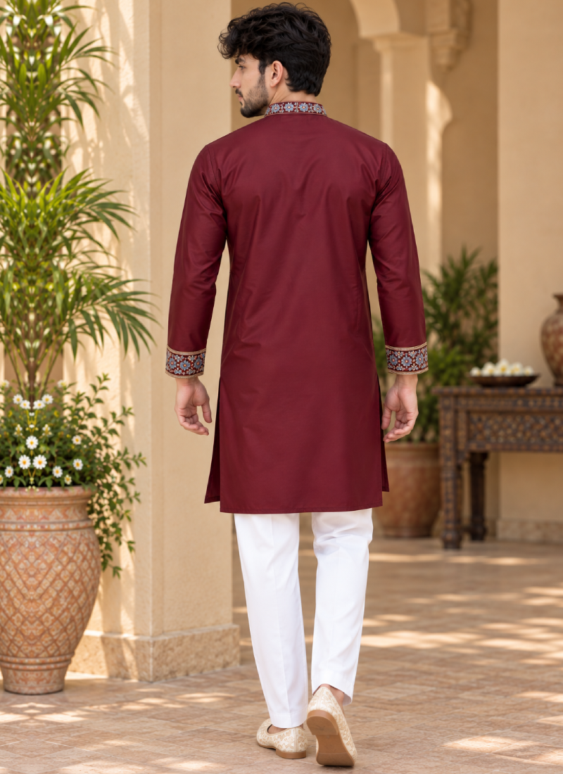Mesmerizing Maroon Multi Thread Embroidered Silk Men's Kurta Pant Set