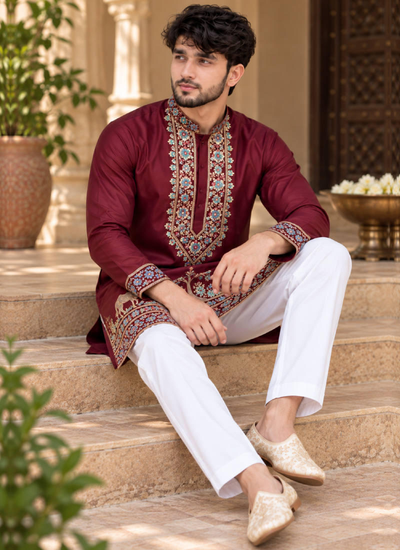 Mesmerizing Maroon Multi Thread Embroidered Silk Men's Kurta Pant Set