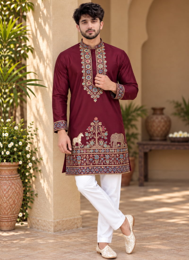 Mesmerizing Maroon Multi Thread Embroidered Silk Men's Kurta Pant Set