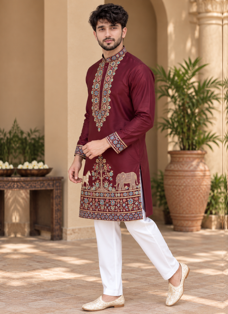Mesmerizing Maroon Multi Thread Embroidered Silk Men's Kurta Pant Set