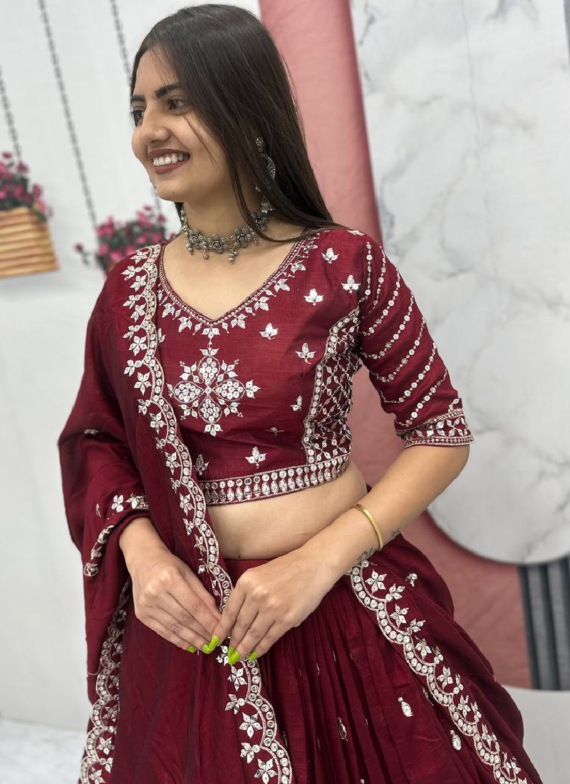Mesmerizing Maroon Silk Sequence Work Festival Wear Lehenga Choli