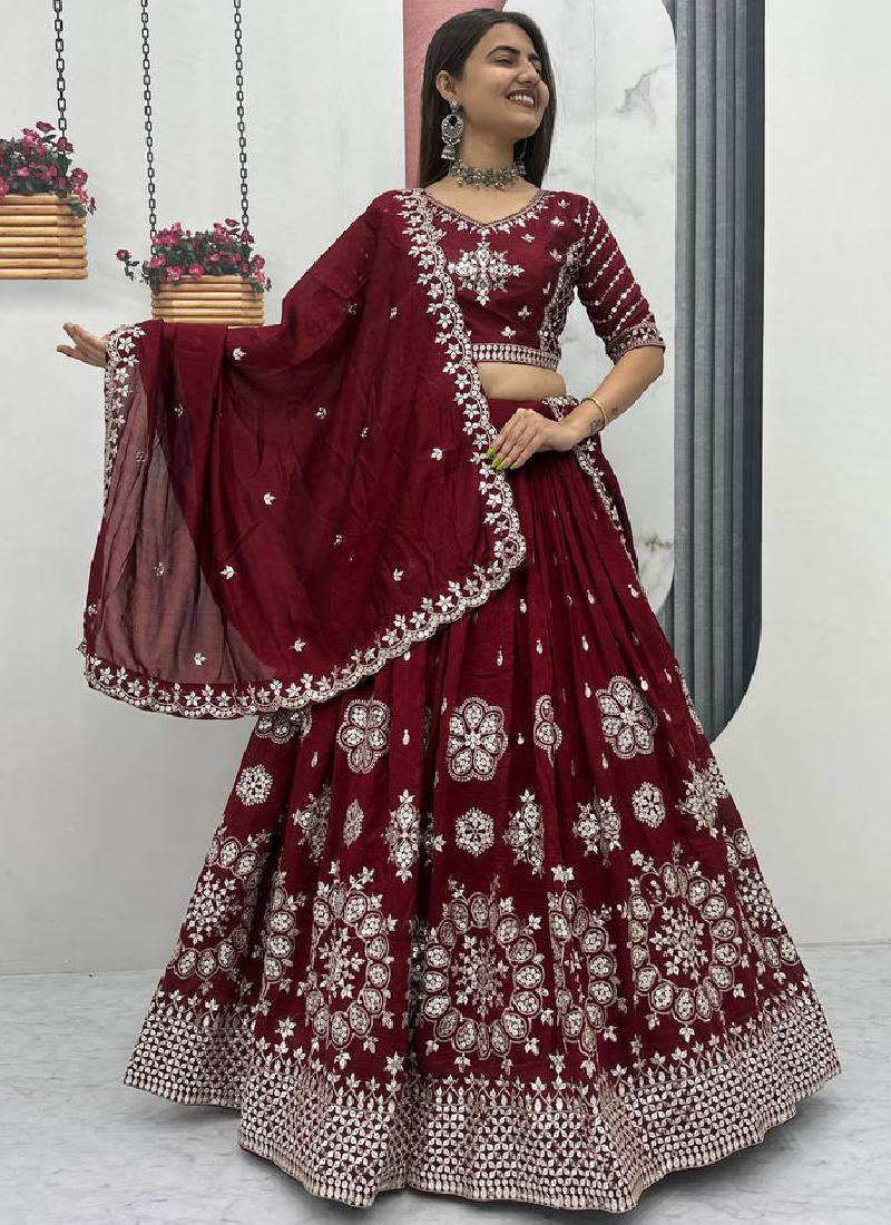 Mesmerizing Maroon Silk Sequence Work Festival Wear Lehenga Choli