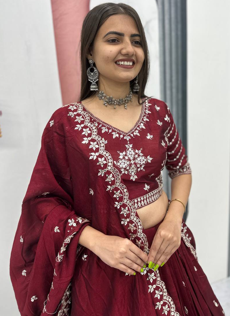 Mesmerizing Maroon Silk Sequence Work Festival Wear Lehenga Choli