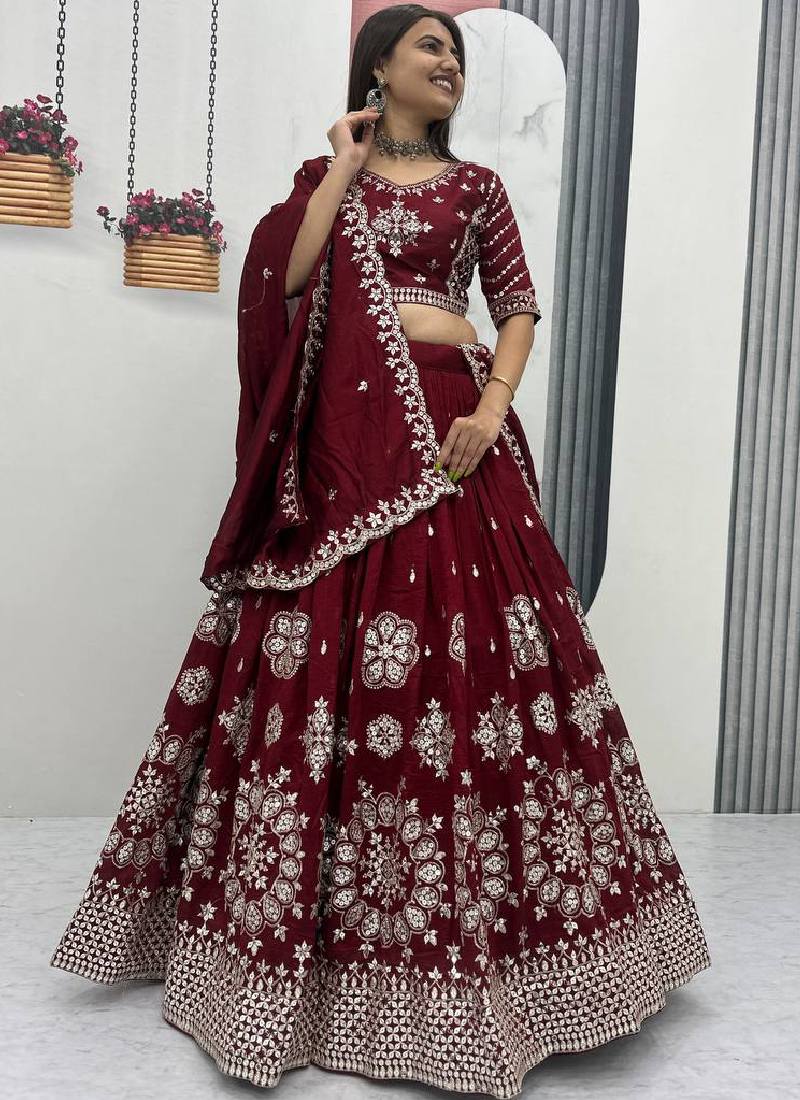 Mesmerizing Maroon Silk Sequence Work Festival Wear Lehenga Choli