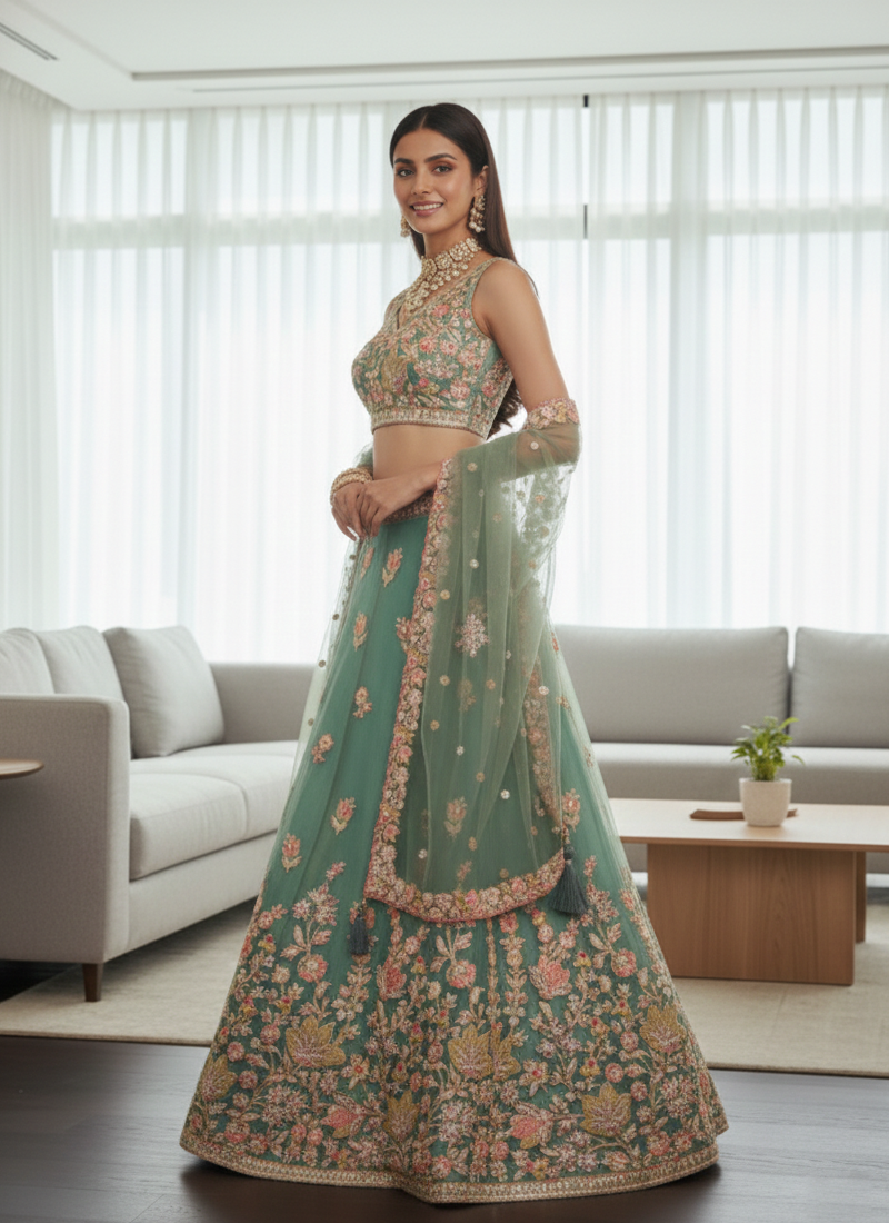 Mesmerizing Pista Green Organza Thread Embroidered Work Lehenga Choli