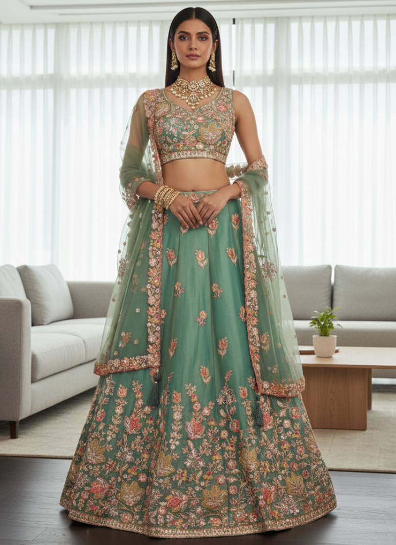 Mesmerizing Pista Green Organza Thread Embroidered Work Lehenga Choli