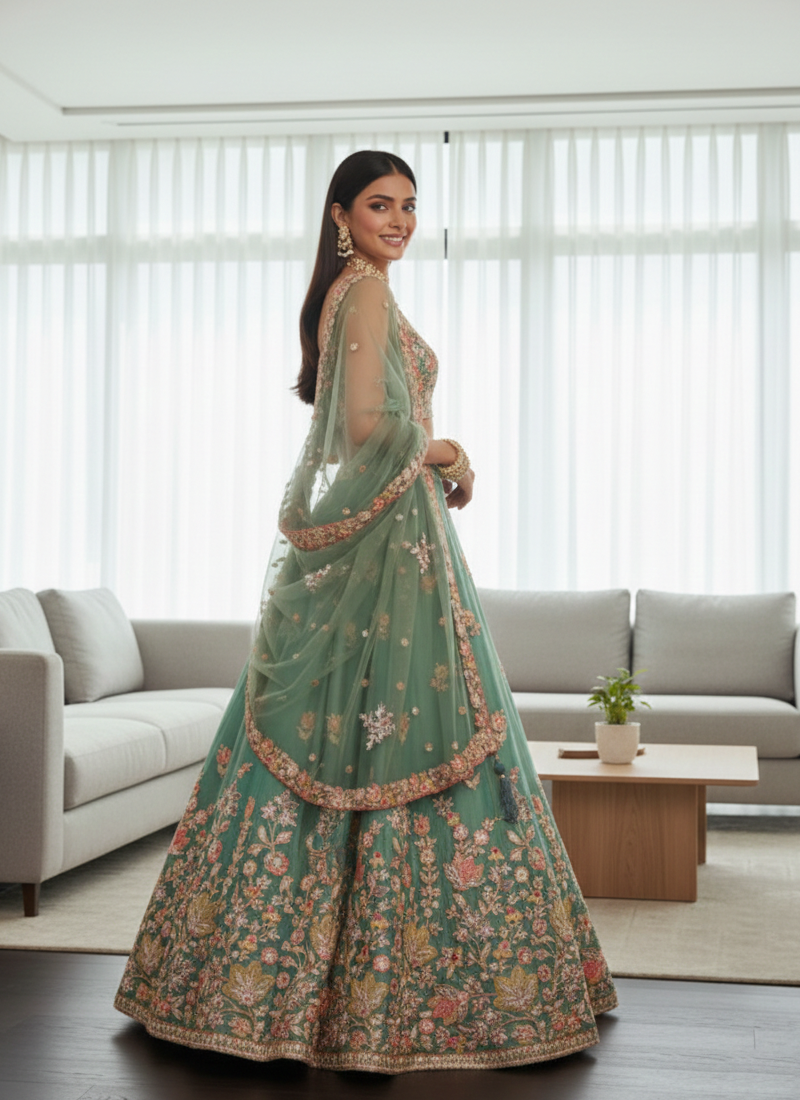Mesmerizing Pista Green Organza Thread Embroidered Work Lehenga Choli