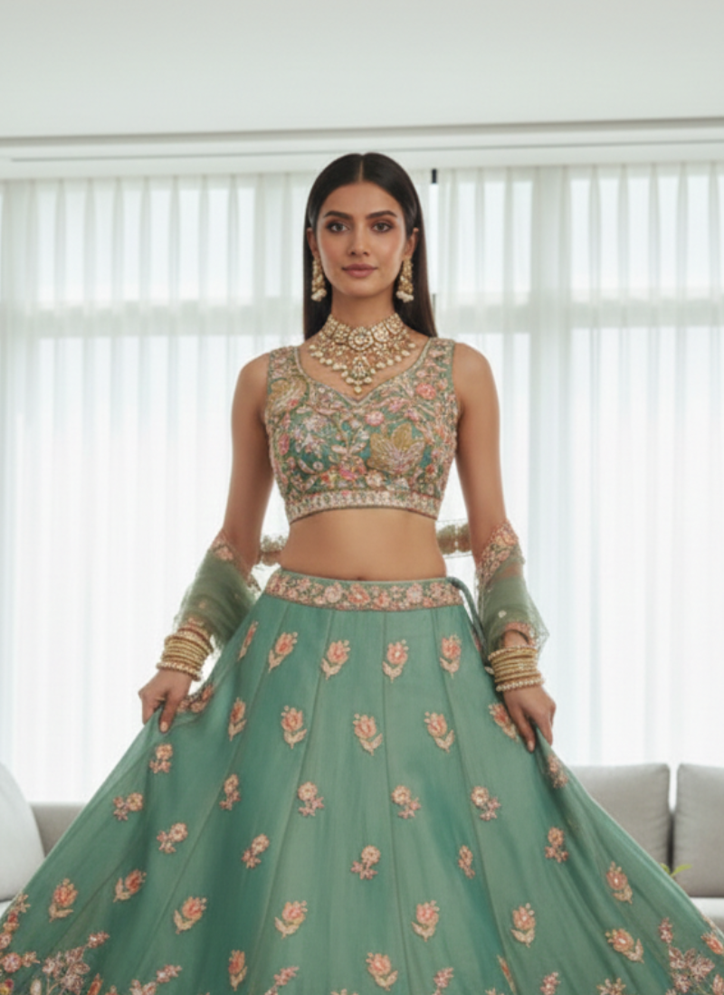 Mesmerizing Pista Green Organza Thread Embroidered Work Lehenga Choli