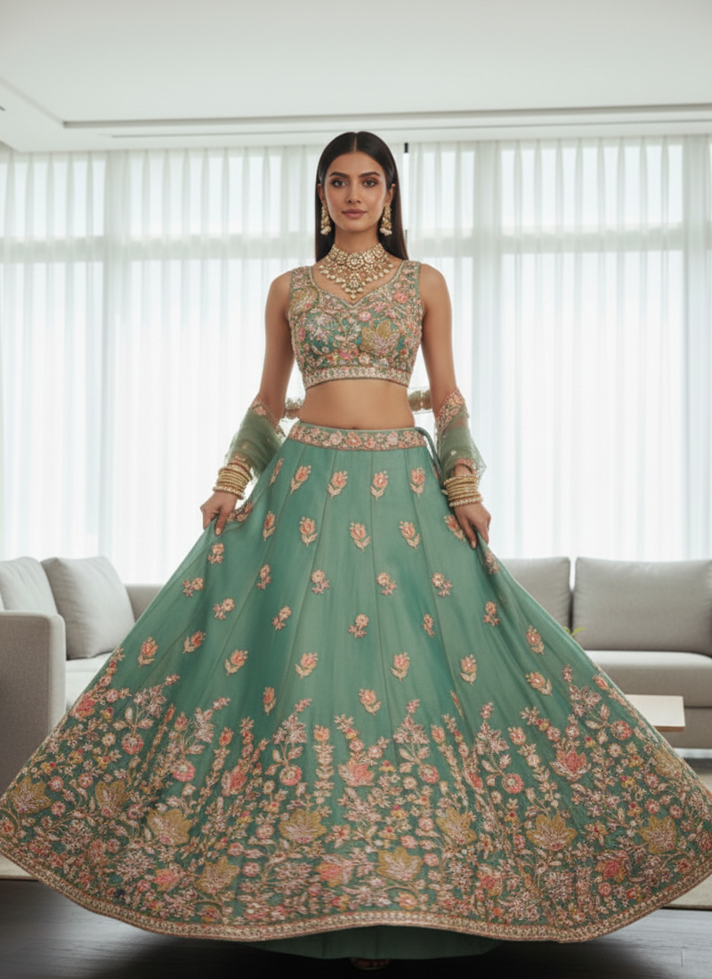 Mesmerizing Pista Green Organza Thread Embroidered Work Lehenga Choli