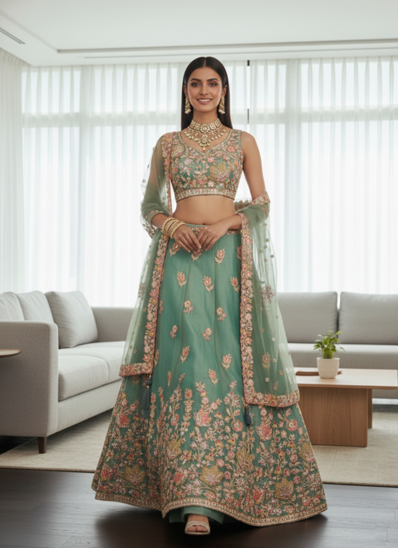 Mesmerizing Pista Green Organza Thread Embroidered Work Lehenga Choli