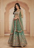 Mesmerizing Pista Green Organza Thread Embroidered Work Lehenga Choli