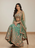 Mesmerizing Pista Green Organza Thread Embroidered Work Lehenga Choli