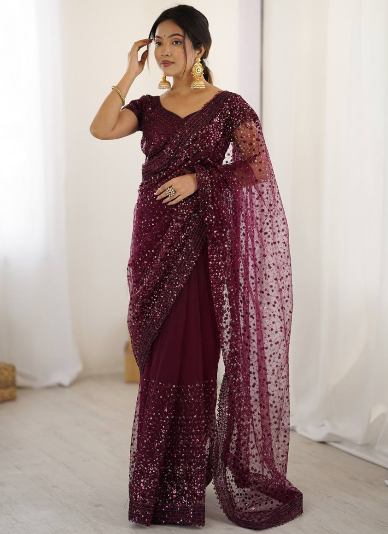 Mesmerizing Sequence Work Net Reception Wear Wine Saree With Blouse